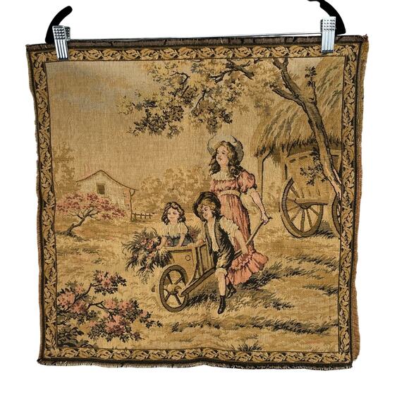 Antique Made in Italy Square Woven Tapestry Wall Decor Kids Playing Gathering - Picture 1 of 7